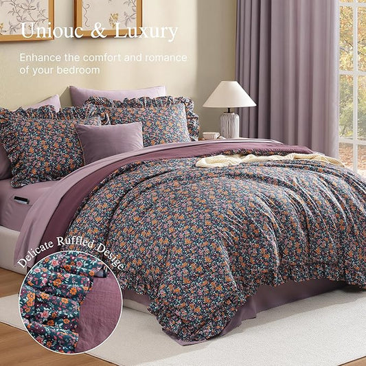 King Comforter Set - 7 Pieces Ruffle Purple Ditzy Bedding Sets, Shabby Chic Farmhouse Bed in a Bag with Ruffle Comforter, Sheets, Pillowcases & Shams