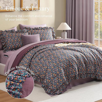 Queen Comforter Set - 7 Pieces Ruffle Purple Ditzy Bedding Sets, Shabby Chic Farmhouse Bed in a Bag with Ruffle Comforter, Sheets, Pillowcases & Shams