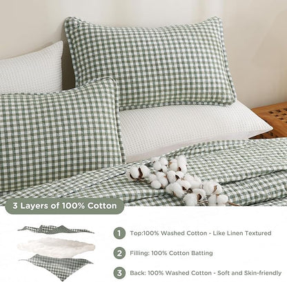 TOCOMOA Green Brown Gingham Quilt Bedding Set 100% Washed Cotton Bedspread Coverlet Like Linen Feel Soft Comfy Breathable 3 Pcs Plaid Checkered Lightweight Comforter Set for All Season, Queen 96"x90"