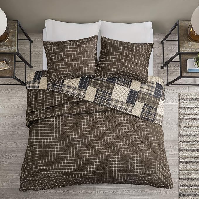 Madison Park Reversible Quilt Cabin Lifestyle Plaid Design - All Season, Breathable Coverlet Bedspread Bedding Set, Matching Shams, Timber Black/Brown King/Cal King(104"x94") 3 Piece