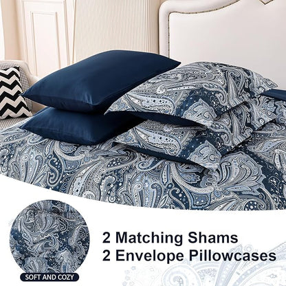 DJY Navy Paisley Comforter Set King Size 7 Piece Bed in a Bag Boho Paisley Pattern Comforter Set Soft Lightweight Microfiber Blue Reversible Bedding Set for All Season (104''x90'')