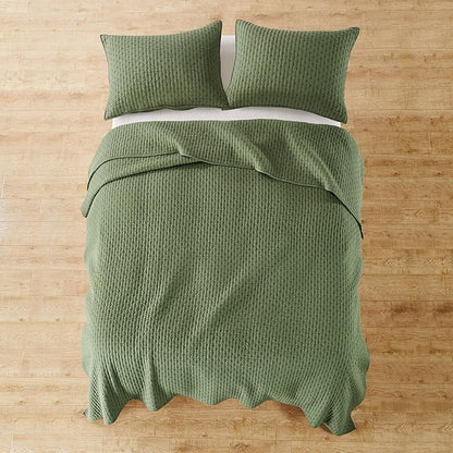 Levtex Home Cross Stitch Reversible Twin Bedspread Set (84x104in) with 1 Pillow Sham (26x20in) - Stitch Texture - Forest Green - Cotton Twin Size Bedspread Set - Lightweight, Soft, Pre-Washed