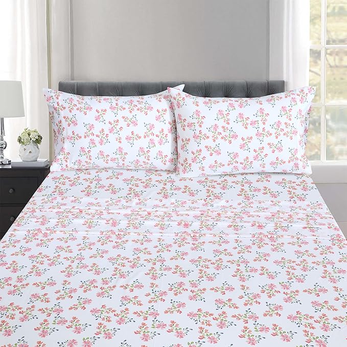 RUVANTI 100% Cotton Sheets – Split King Size Percale Bedding, Cooling & Breathable Floral Design, Durable with a Crisp, Soft & Comfortable Feel, 16" Deep Pocket, 5-Piece Set, Bloomex