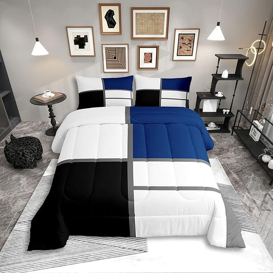 Erosebridal Geometric Abstract Toddler Comforter Blue and White Striped Bedding Set Square Grid Duvet Insert Modern Art Patchwork Bed Sets for Minimalist