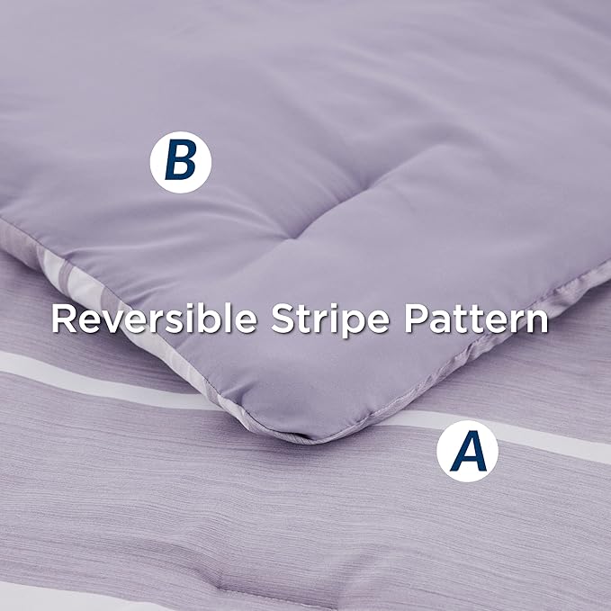 Bedsure Full Comforter Set 7 Pieces, Purple Striped Bedding Set for All Seasons, Reversible, Cationic Dyeing Bed in a Bag with Comforter, Sheets, Pillowcases & Shams