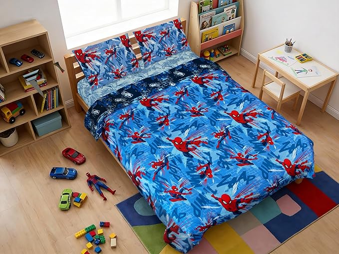 Northwest Disney Marvel Spiderman Full Size Comforter Set, 5 Piece Reversible Design Ultra Soft Fade Resistant Microfiber Kids Bedding Set, Officially Licensed