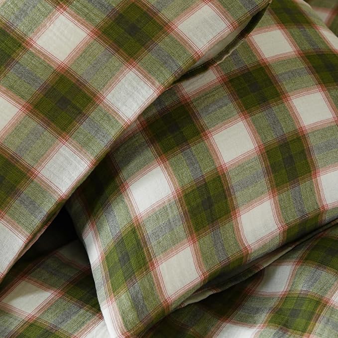 EAVD Vintage Style Gingham Duvet Cover Twin Soft 100% Muslin Cotton Yarn-Dyed Textured Chic Pink&Green Grid Plaid Bedding Set with 2 Pillowcases British-Style Plaid Duvet Cover with Zipper