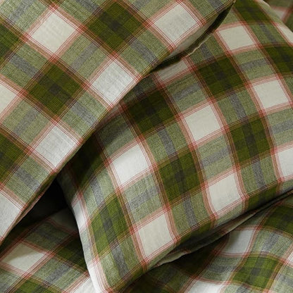 EAVD Vintage Style Gingham Duvet Cover Twin Soft 100% Muslin Cotton Yarn-Dyed Textured Chic Pink&Green Grid Plaid Bedding Set with 2 Pillowcases British-Style Plaid Duvet Cover with Zipper