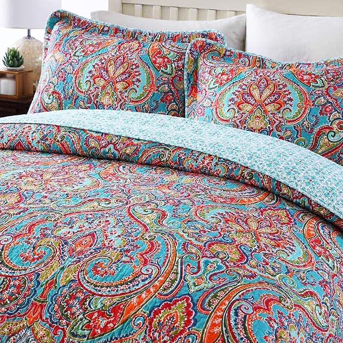 Travan 3-Piece Bedspread Quilt Set Oversized Reversible Quilted Bedding Cotton Coverlet Set with Shams, Gorgeous Floral Pattern, Queen Size