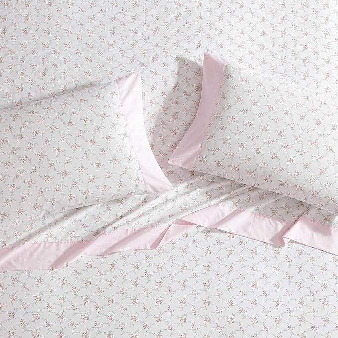 Laura Ashley - Queen Sheet Set, Crisp & Cool Cotton Percale Bedding with Deep Pockets, Lightweight for Year Round Comfort, Bed Sheets with Matching Pillowcases (Lynda Pink)