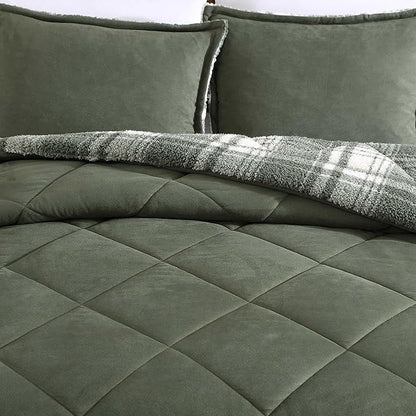 Eddie Bauer - Twin Comforter Set, Microsuede Bedding with Soft Plush Faux Shearling Reverse, 2 Piece Bed Set with Matching Pillowcase (Big Lake Plaid Green)