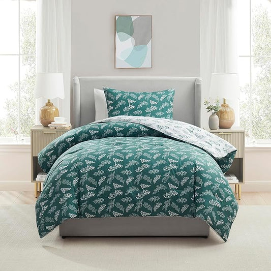 Nestl Twin/Twin XL Comforter Set - Green Bed in a Bag Twin, 2 Pieces Reversible Bed Set, Soft Floral Bedding Set for College Dorm, All Season Botanical Comforters with Pillow Sham
