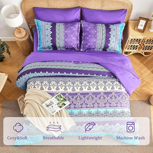 Boho Comforter Set King Size Purple - 7 Pieces Bohemian Floral Striped Comforter and Sheet Set, Lightweight Bed in a Bag Complete Bedding Sets King Size for All Season (Purple,King)