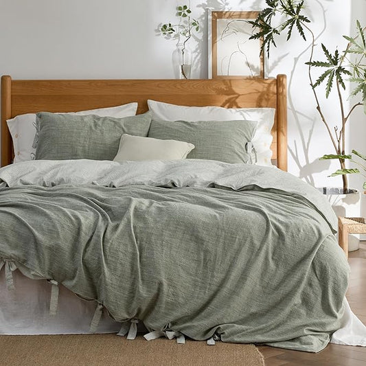 Bedsure Striped Duvet Cover King Size – Moisture-Wicking Eucalyptus Lyocell, Cotton & Linen Hybrid Comforter Cover Set with Bowknot Ties Closure – GentleSoft™ & Breathable Bedding Set – Seaweed Green