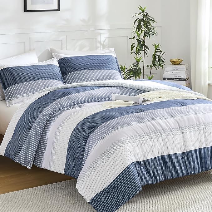 Litanika Mineral Blue Comforter Set Super King - 3 Pieces Lightweight Mineral Blue White Colorblock Stripe Fluffy Bedding Comforter Sets, All Season Bed Set