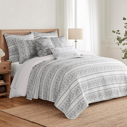Levtex Home Adare Grey Reversible Twin/Twin XL Quilt Set (68x86in) with 1 Pillow Sham (26x20in) - Floral Bedding - Grey White - Cotton Twin Size Quilt Bedding Set - Lightweight, Soft, Pre-Washed