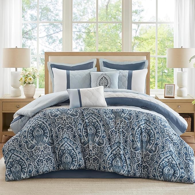 510 DESIGN Luxe Quilted Comforter Set Modern Transitional Design, All Season Down Alternative Warm Bedding Matching Shams, Bedskirt, Decorative Pillow, King, Shawnee Scrollwork Blue