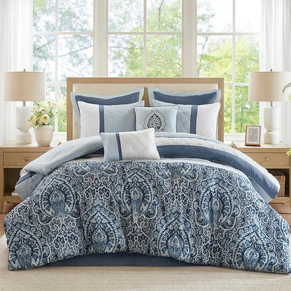 510 DESIGN Luxe Quilted Comforter Set Modern Transitional Design, All Season Down Alternative Warm Bedding Matching Shams, Bedskirt, Decorative Pillow, Cal King, Shawnee Scrollwork Blue