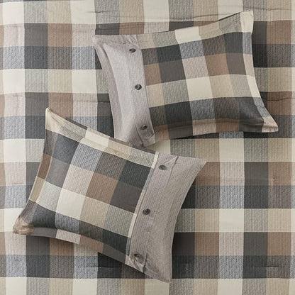 Madison Park Ridge Comforter Set - Cabin Lodge Plaid Herringbone Design, All Season Down Alternative Cozy Bedding with Matching Bedskirt, Shams, Decorative Pillow, Cal King(104"x92"), Neutral 7 Piece