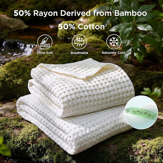 Bedsure Cooling Cotton Waffle King Size Blanket - Lightweight Breathable Summer Blanket of Rayon Derived from Bamboo for Hot Sleepers, Luxury Throws for Bed, Couch and Sofa, White, 104x90 Inches
