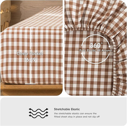 MooMee Gingham Sheet Set 100% Washed Cotton Linen Like Textured Breathable Soft w/ Fully Elasticized 16-19" Deep Pocket (Classic Gingham Dark Orange, Queen)