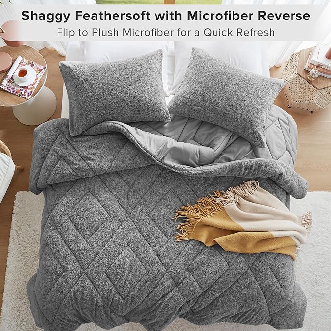 Comfort Spaces King Comforter Set Reversible Feather-Soft Plush Comforters for King Size Bed All Season Lightweight Shearling Fleece Sherpa Comforter King Size Bed Set, King/Cal King, Grey 3 Piece