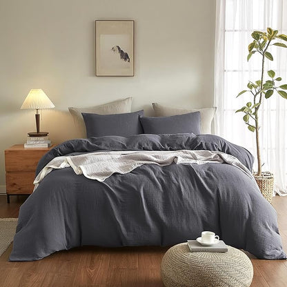 SE SOFTEXLY Muslin Duvet Cover Queen Size, 100% Washed Cotton Duvet Cover Set, Ultra Soft Comforter Cover Linen Like, 3 Pieces Minimalist Gauze Duvet Cover with 2 Pillowcases, 90"x90", Dark Grey