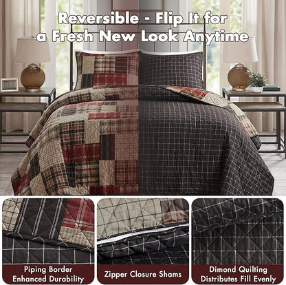Madison Park Queen Quilt Set Patchwork Farmhouse, Diamond Quilting Reversible Coverlet Set for Queen Size Bed, Plush Cotton Filled Quilt Set Queen Size, Shams Full/Queen Red/Black 3 Piece