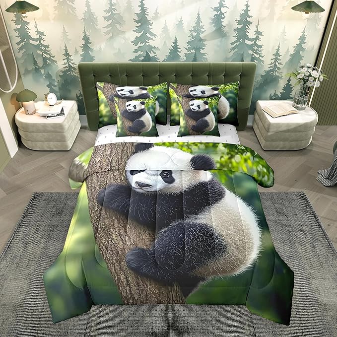 Feelyou Cute Panda Comforter Set 7 Pieces Full Size Kawaii Bear Bedding Set for Boys Girls Nature Bed in a Bag with Comforter, Sheets, Pillowcases & Cushion Covers