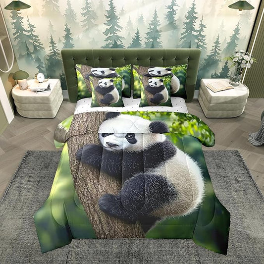Feelyou Cute Panda Comforter Set 7 Pieces Full Size Kawaii Bear Bedding Set for Boys Girls Nature Bed in a Bag with Comforter, Sheets, Pillowcases & Cushion Covers