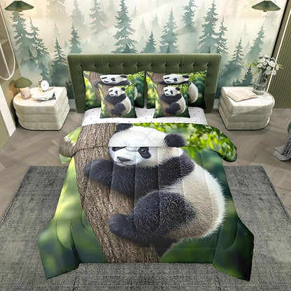 Feelyou Cute Panda Comforter Set 7 Pieces King Size Kawaii Bear Bedding Set for Boys Girls Nature Bed in a Bag with Comforter, Sheets, Pillowcases & Cushion Covers