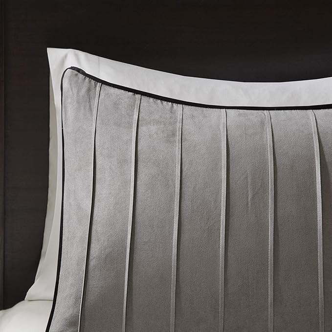Madison Park Cozy Comforter Set Casual Blocks Design All Season, Matching Bed Skirt, Decorative Pillows, Cal King(104"x92"), Dune Suede, Black Grey, 7 Piece