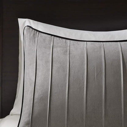 Madison Park Cozy Comforter Set Casual Blocks Design All Season, Matching Bed Skirt, Decorative Pillows, Cal King(104"x92"), Dune Suede, Black Grey, 7 Piece