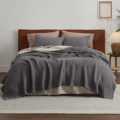 Bedsure Gentlesoft 100% Cotton Blanket Queen Size for Bed - Cooling Breathable and Soft for Spring Summer, Thick Cozy Waffle Weave Blanket Gifts for Women, Dark Grey, 90x90 Inches