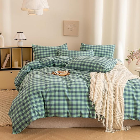 ECOCOTT Grid Plaid Duvet Cover King Size -100% Washed Cotton Linen Like Textured Breathable Durable Soft Comfy Bedding Set Mini Green Blue Plaid