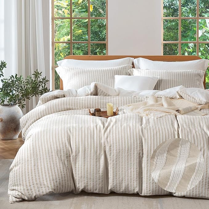 MILDLY Khaki Striped Duvet Cover - 100% Washed Cotton Jacquard Textured Comforter Cover with Dual Zipper Closure & 8 Coner Ties