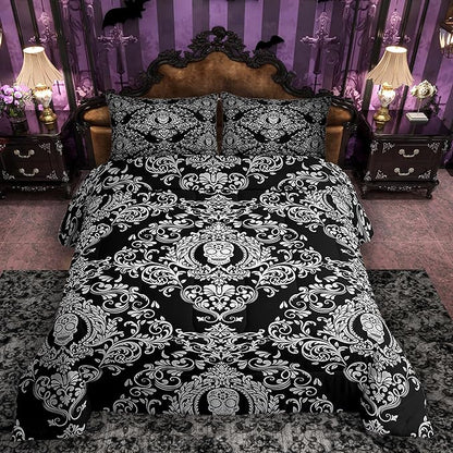 Feelyou Adults White Vintage Damask Floral Comforter Set Oriental Antique Comforter Twin Size Gothic Bohemia Boho Bedding Set Exotic Sugar Skull Duvet Set Quilt Set 2Pcs