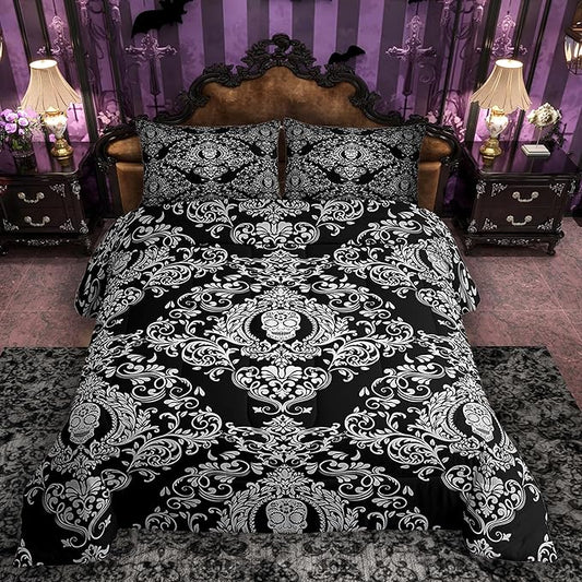 Feelyou Adults White Vintage Damask Floral Comforter Set Oriental Antique Comforter Twin Size Gothic Bohemia Boho Bedding Set Exotic Sugar Skull Duvet Set Quilt Set 2Pcs