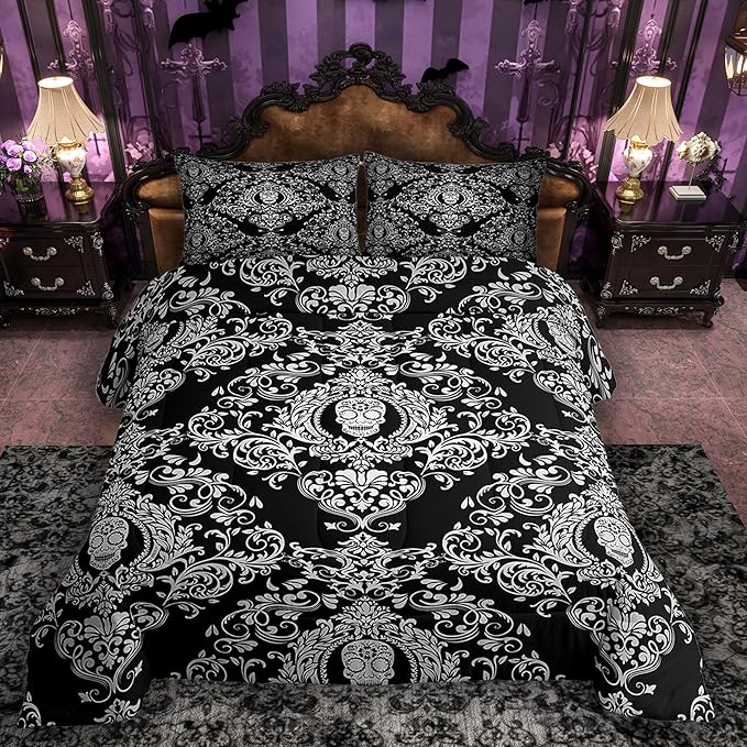 Feelyou Adults White Vintage Damask Floral Comforter Set Oriental Antique Comforter Queen Size Gothic Bohemia Boho Bedding Set Exotic Sugar Skull Duvet Set Quilt Set 3Pcs