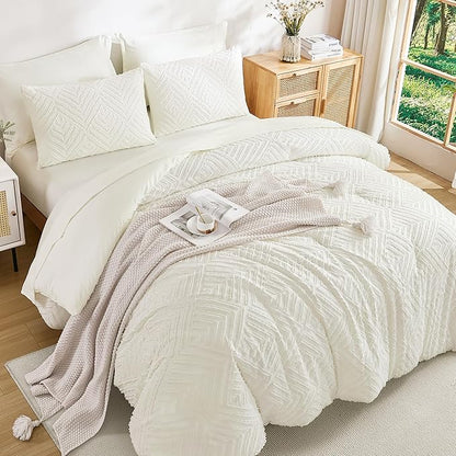 Andency Super King Plus Comforter Set Ivory - 7 Pieces Bed in a Bag Oversized King Bedding Sets, Boho Tufted Lightweight Fluffy Bed Set with Comforter, Sheets, Pillowcases & Shams
