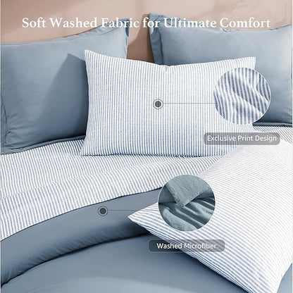 Monbix Queen Comforter Set - 7 Pieces Dusty Blue Prewashed Bed in a Bag Queen Bedding Sets with Comforters, All Seasons Ultra Soft Comforter Bed Set with Sheets,Pillowcases & Shams