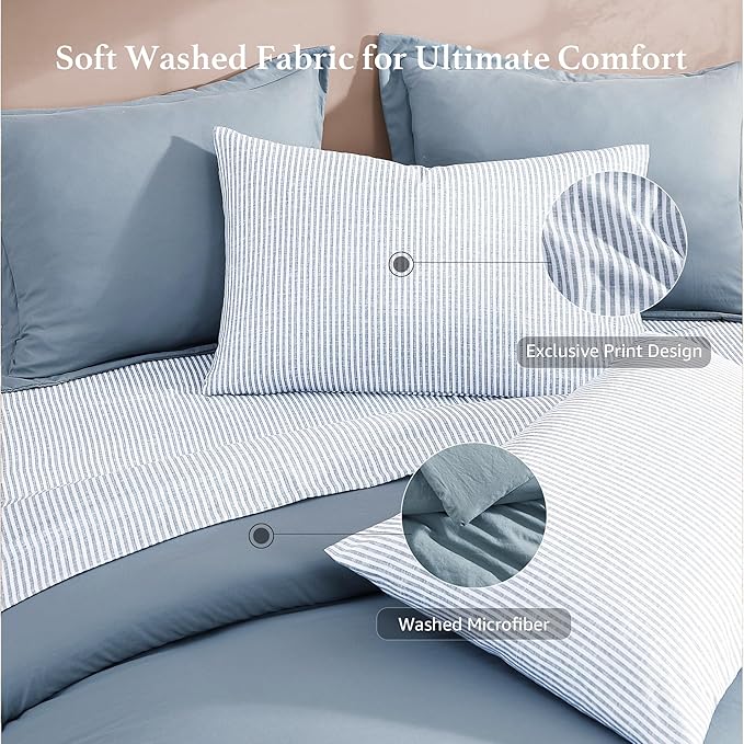 Monbix Oversized Queen Size Comforter Set - 7 Pieces Dusty Blue Prewashed Bed in a Bag Bedding Sets with Comforters, All Seasons Ultra Soft Comforter Bed Set with Sheets, Pillowcases & Shams