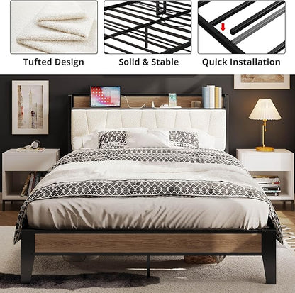 LIKIMIO Full XL Bed Frames, Storage Headboard with Charging Station, Solid and Stable, Noise Free, No Box Spring Needed, Easy Assembly, Wood and Cream
