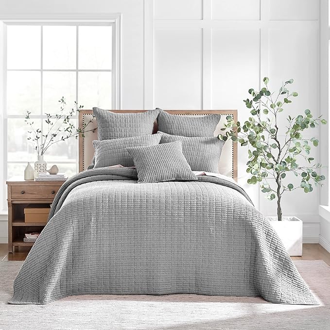 Levtex Home Mills Waffle Twin Bedspread Set (84x104in) with 1 Pillow Sham (26x20in) - Grey - Cotton Waffle Twin Size Bedspread Set - Lightweight, Soft, Pre-Washed