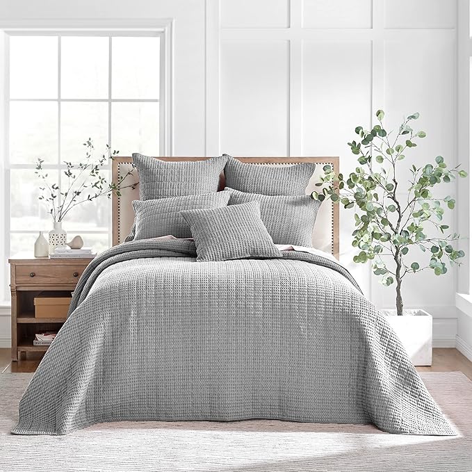 Levtex Home Mills Waffle Full Bedspread Set (100x104in) with 2 Pillow Shams (26x20in) - Grey - Cotton Waffle Full Size Bedspread Set - Lightweight, Soft, Pre-Washed