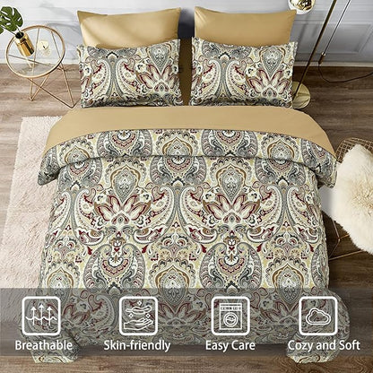 Boho Comforter Set Queen, 7 Pieces Bed in a Bag Comforter Boho Paisley Pattern Bedding Soft Microfiber Queen Size (1 Khaki Comforter, 1 Flat Sheet, 1 Fitted Sheet, 2 Pillow shams, 2 Pillowcases)