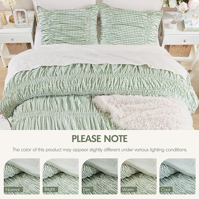 Intelligent Design Ella Queen Comforter Set – Ruched Gingham Shabby Chic Bedding, Bow-Tie Detail, All Season Lightweight 3 Piece Bedding Set, Sham, Full/Queen, Green