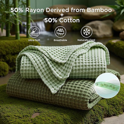 Bedsure Cooling Cotton Waffle Queen Size Blanket - Lightweight Breathable Blanket of Rayon Derived from Bamboo for Hot Sleepers, Luxury Throws for Bed, Couch and Sofa, Olive Green, 90x90 Inches