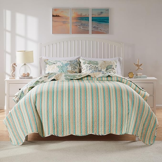 Greenland Home Barefoot Bungalow Atlantis Coastal Quilt Set, 5-Piece King/Cal King, Jade