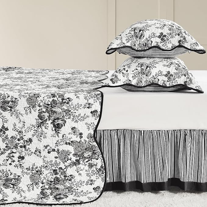 Wonderful 100% Cotton Black Floral Quilt Set Queen Size Bedding Sets with Pillow Shams and Bed Skirt, 4 Pieces Floral Bedspread Coverlet Set, Quilted Blanket Bed Cover for All Season, 88"x90"